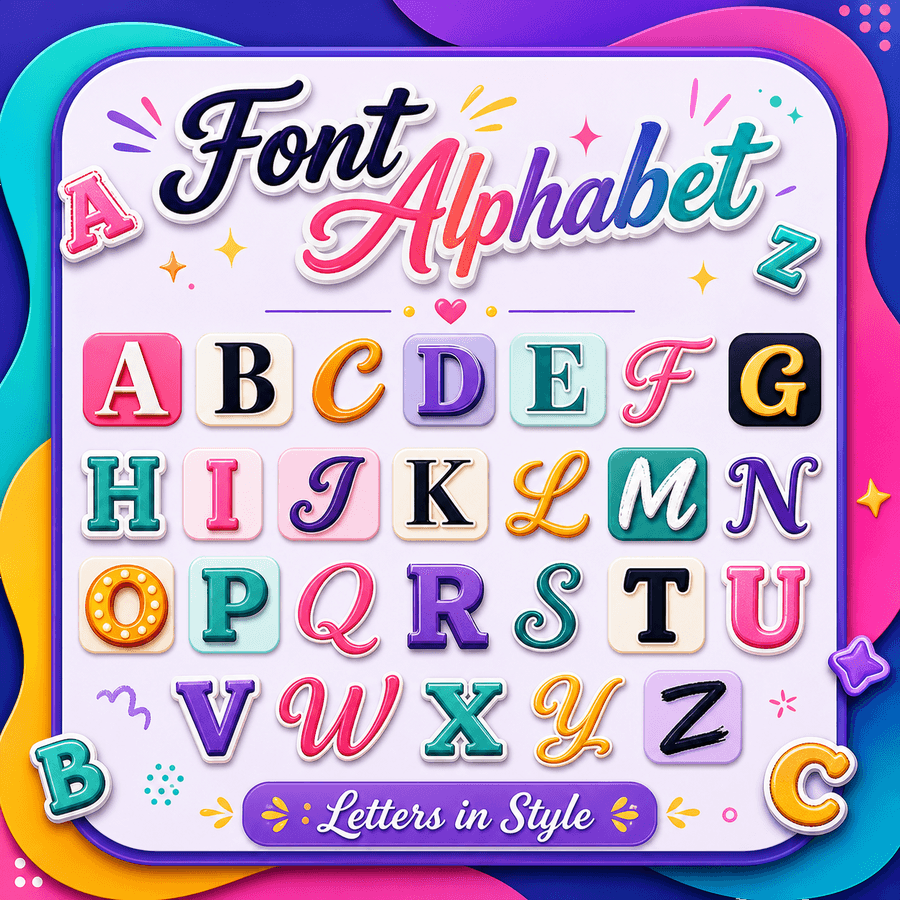 Aesthetic font alphabet — every letter A to Z shown in colorful copy-and-paste styles
