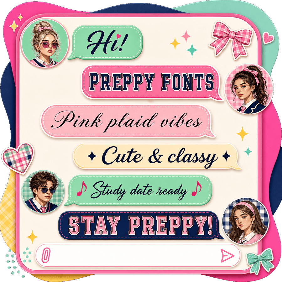 Chat bubbles showing preppy fonts — bows, pastels and clean copy-and-paste text styles