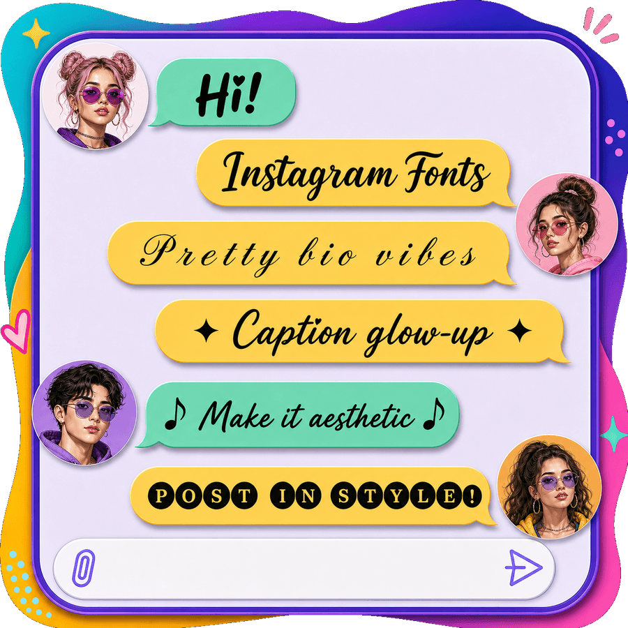 Chat bubbles showing aesthetic Instagram fonts โ bold, script and decorative IG bio text styles